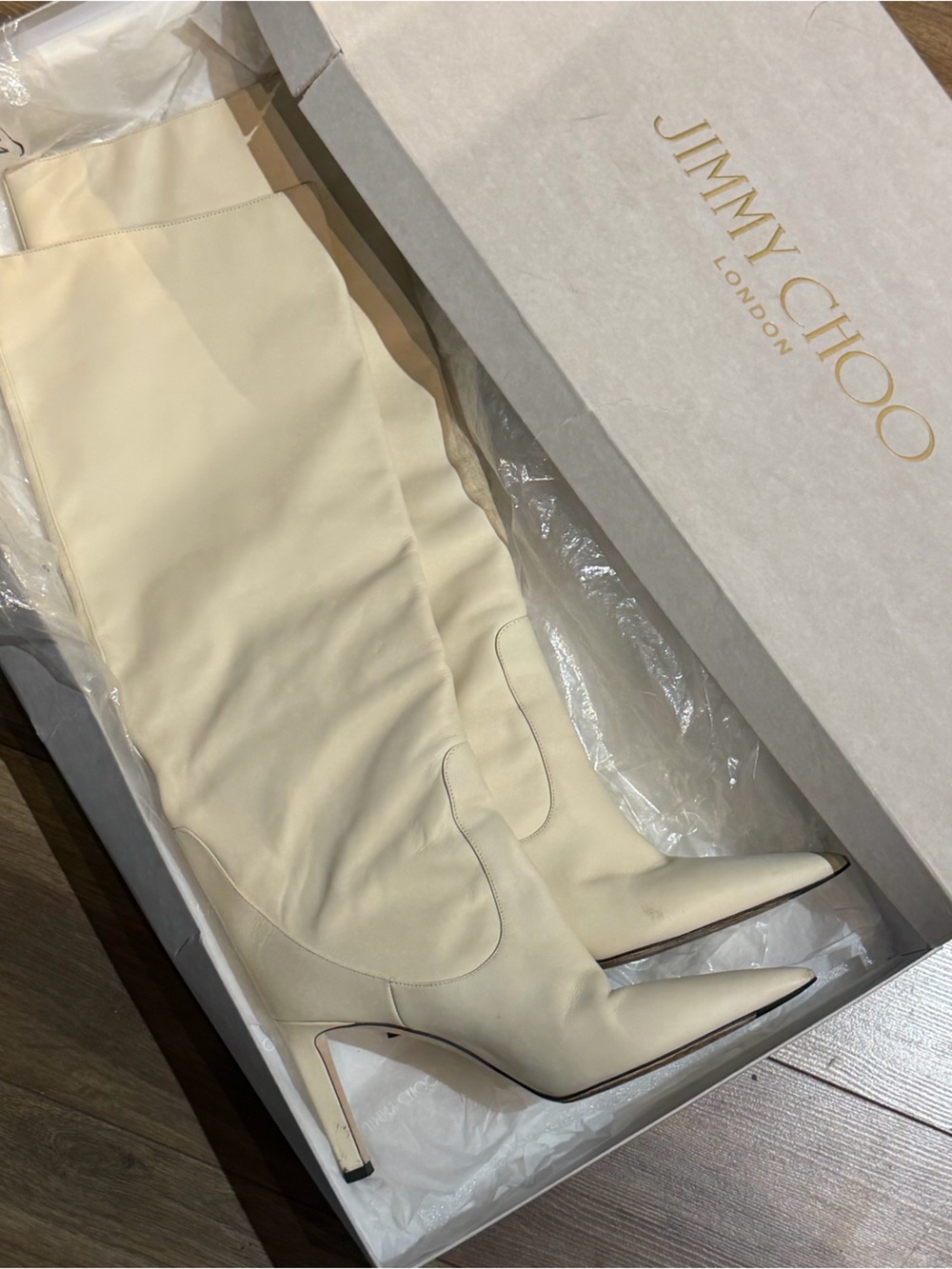 Jimmy Choo Cream Knee-High Pointed Boots